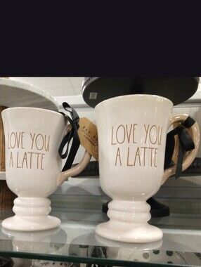 Rae Dunn "Love You A Latte" Ceramic Footed Coffee Mug - Cream SET OF (2)